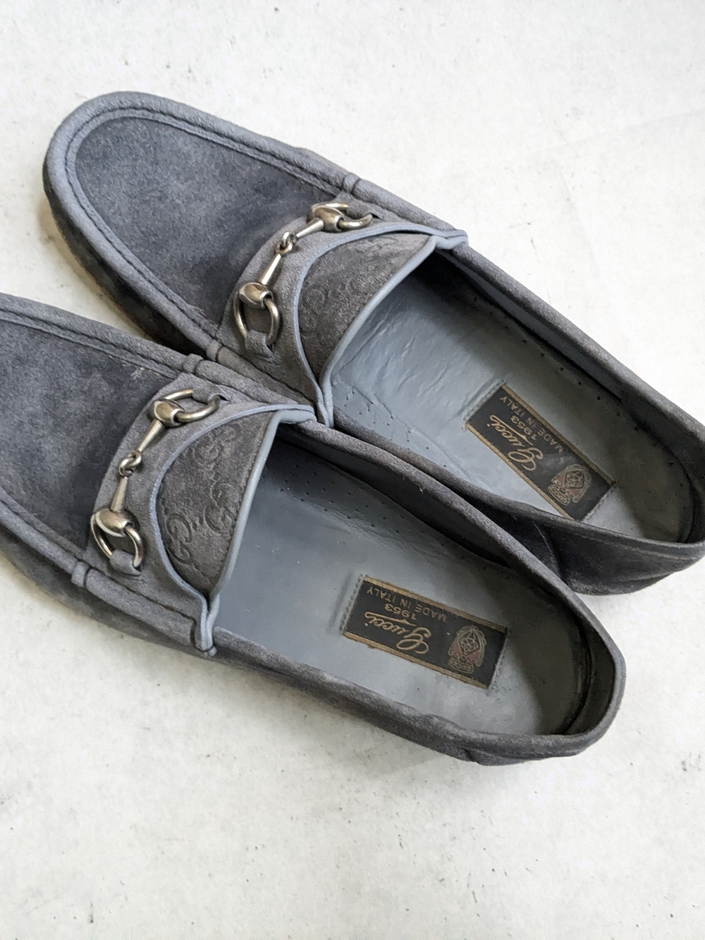 Gucci Gray Suede Horsebit Loafers Monogram Logo GG Men's 9.5 - Picture 8 of 16